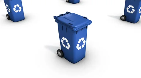 High angle arc pull back revealing endless Recycle Bins (Blue) Stock Footage 33577932
