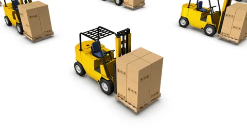High angle arc pull back revealing endless Forklifts with Boxes Stock Footage 33910588