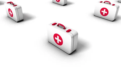 High angle arc pull back revealing endless First Aid Kits  Stock Footage 35570923
