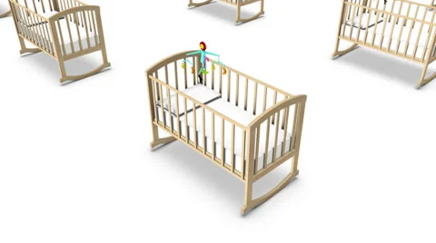 High angle arc pull back revealing endless Baby Cribs  Stock Footage 36098240