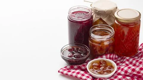 High angle arrangement with jam jars. High quality beautiful photo concept Stock Photos