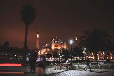 High angle on Aya Sofia by night with car light trail Stock Photos