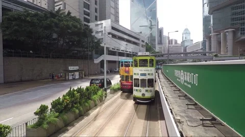High angle back view vehicle shot, Hong Kong downtown street, Queensway Stock Footage 170789757