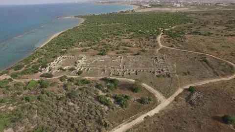 High angle on basilica and harbor of ancient Salamis. Cyprus. DJI-0226-07-1 Vídeos de archivo 137360779