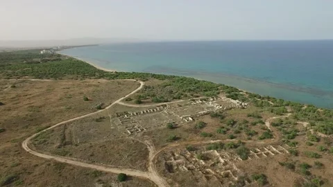 High angle on basilica and harbor of ancient Salamis. Cyprus. DJI-0226-07-2 Stock Footage 137361278