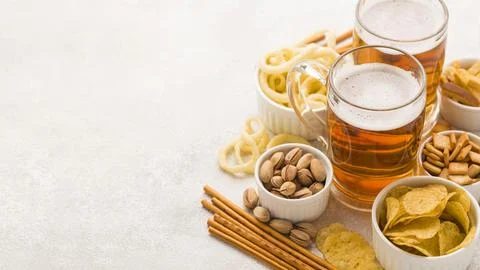 High angle beer snacks frame. High quality beautiful photo concept Stock Photos