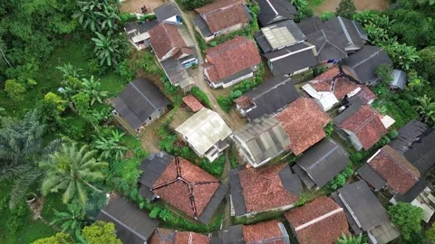 High-Angle Bird's-Eye View of Rural Forest Village Settlement Stock Footage 343858535