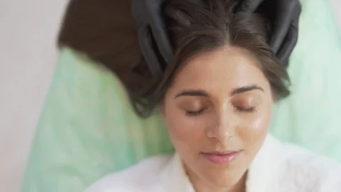High Angle of Caucasian Female Receiving Hair Massage From Mesotherapy Stock Footage 106898115