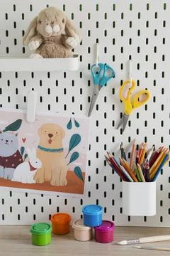 High angle children desk setting Stock Photos