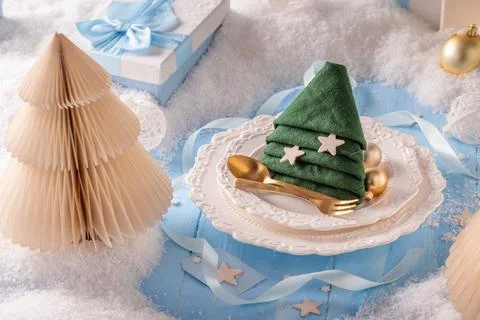 High Angle Christmas Table Setting with Tree Napkin Stock Photos
