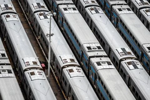 High angle close-up aerial view of Hudson Yards train depot with train lines Stock Photos