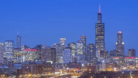 High Angle Close Up of Chicago during Twilight Stock Footage 85574201