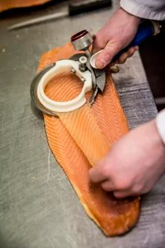 High angle close up of fishmonger using special slicer to thinly slice fillet of Stock Photos