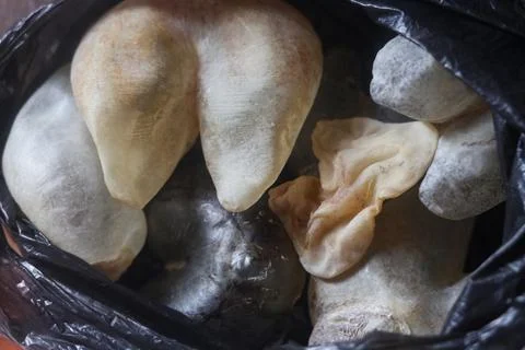 High-angle close-up of fresh raw fish maw stored inside a black plastic bag  库存照片