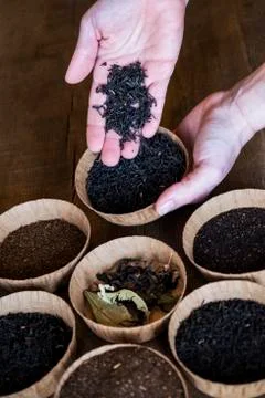 High angle close up of a selection of tea leaves in small wooden bowls. Stock Photos