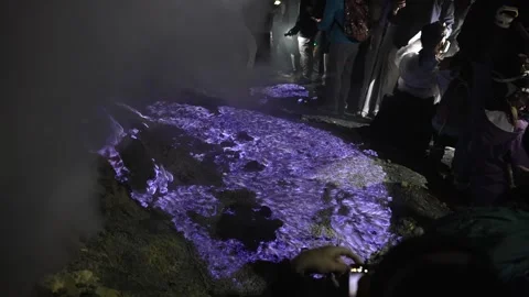 High Angle Closeup of Electric Blue Fire and Molten Sulfur at Mount Ijen Crater Stock Footage 333721558