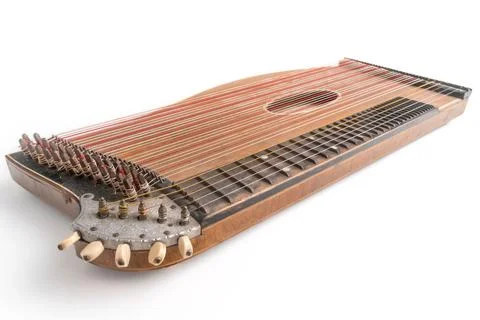 High angle closeup horizontal studio shot of vintage, old wooden zither isolated Stock Photos