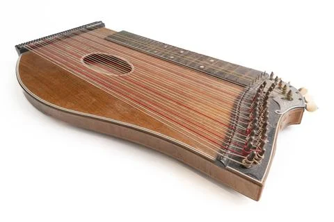 High angle closeup horizontal studio shot of vintage, old wooden zither isolated Stock Photos