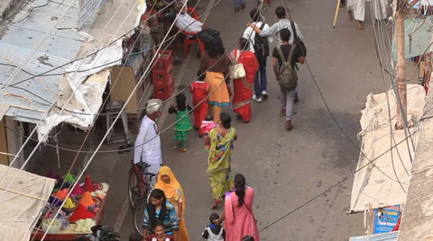 High angle crowd of Indian people walking in streets of Pushkar, India Stock Footage 33514752