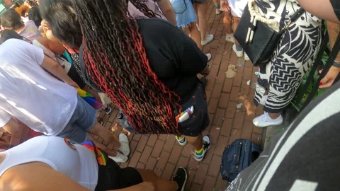 High Angle: Crowded Celebration Scene at NYC Manhattan Pride Parade June 2021 Stock Footage 156482532