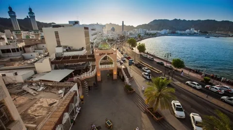High Angle day to night timelapse of Muscat Corniche Stock Footage 45196363