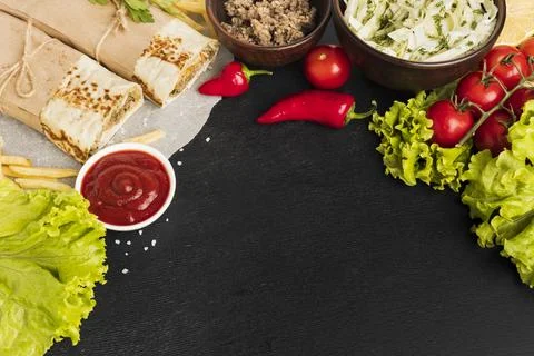 High angle delicious kebab with tomatoes salad Stock Photos