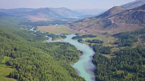 High-Angle Distant Aerial View of Shenxianwan Fairy Bay in Kanas Stock Footage 344233474