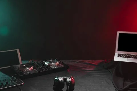 High angle dj electronic devices table Stock Photos