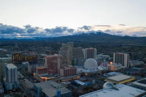 High Angle of Downtown Reno Sunset Aerial Stock Photos