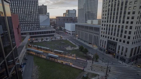 High Angle on Downtown St Paul Lightrail Station Dusk Stock Footage 81143711
