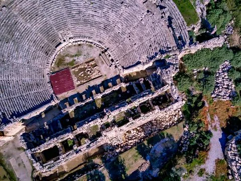 High angle drone aerial view of ancient greek rock cut lykian empire amphithe Foto stock
