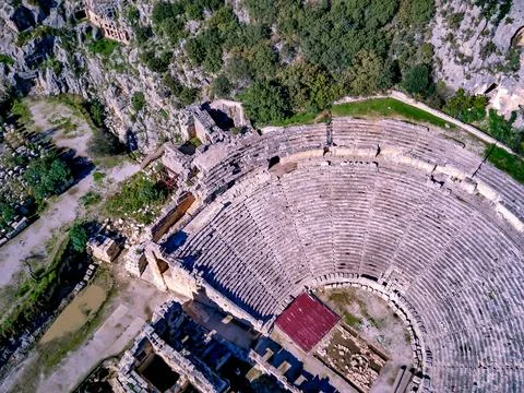 High angle drone aerial view of ancient greek rock cut lykian empire amphithe Foto stock