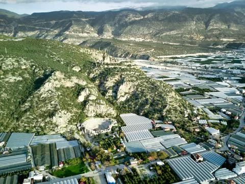 High angle drone aerial view of ancient greek rock cut lykian empire amphithe Foto stock