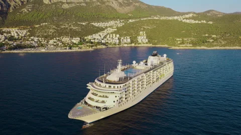 High Angle Drone Bow View of Modern Cruise Ship Offshore From Kas Turkey Stock Footage 345963636