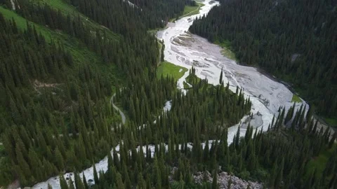 High Angle Drone Flight Over Forested River Gorge. Kyrgyzstan, Karakol Stock-Footage 332937565