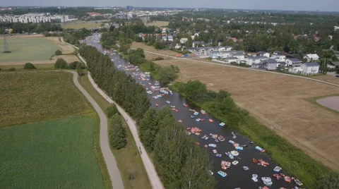 High angle Drone fly over in Finnish beer float event Stockbeeldmateriaal 45186082