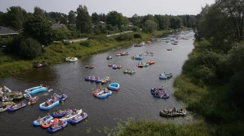 High angle  Drone fly over in Finnish beer float event Stockbeeldmateriaal 45187536