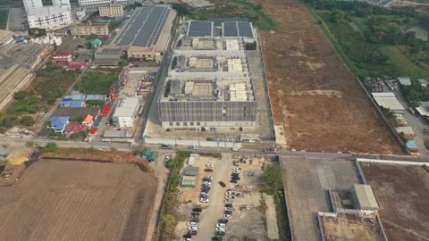 High angle drone footage reveals a large scale data center under construction Stock Footage 328994735