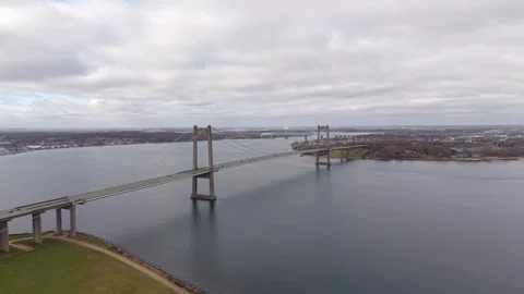 High Angle Drone Footage of Traffic Crossing the New Little Belt Bridge Denmark Stock Footage 332595130