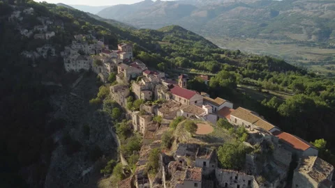 High angle drone image of Romagnano al Monte ruins with collapsed architecture Stock Footage 317490393