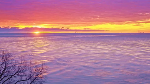 High angle drone pan across urban skyline and vast Lake Michigan Stock Footage 331051211