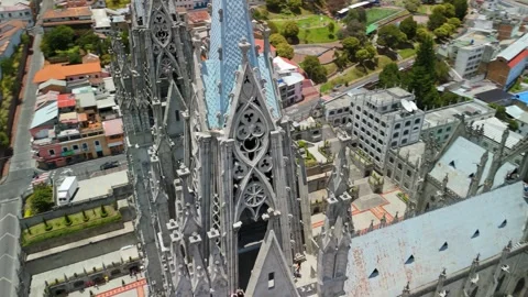 High Angle Drone Parallax Orbiting Gothic Spires of Basilica del Voto Nacional Vídeos de archivo 331749386