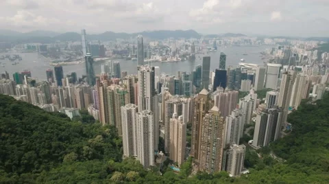 High angle drone perspective of Hong Kong skyline from Victoria Peak 動画素材 67522698