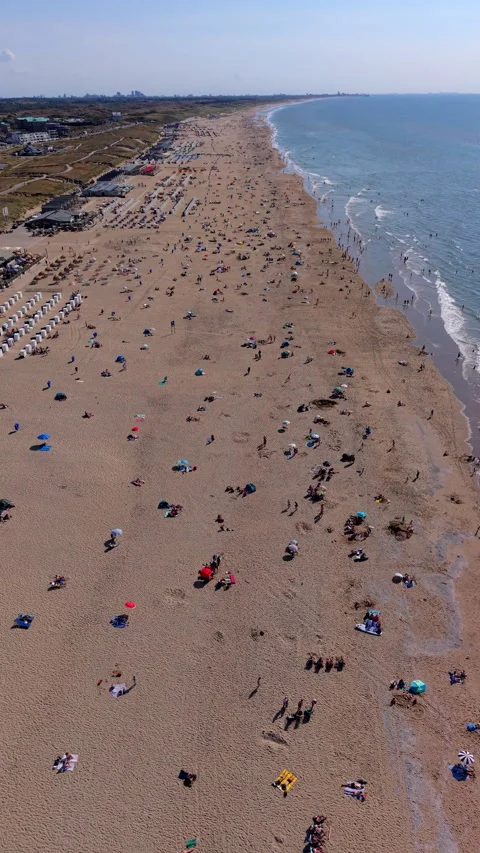 High-angle drone perspective of wide sandy beach in Katwijk aan Zee, blue 動画素材 347128139