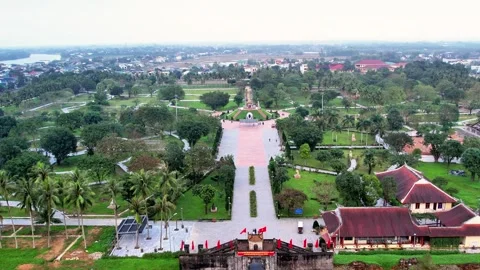 High angle drone push shot flying over ancient gate into Quang Tri Citadel 4K Stock Footage 340311904