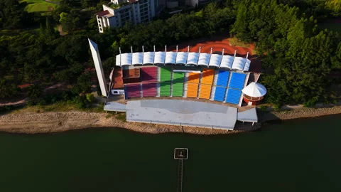 High angle drone shot around the Bomun Outdoor Performance Stage in Gyeongju Stock Footage 332543754