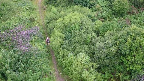 High angle drone shot of dirt bike on track. Summer time. Drone shot. 4K Stock Footage 93783482