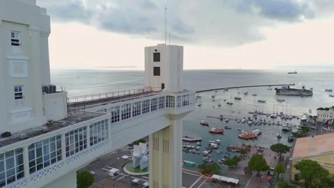 High angle drone shot of the historic Lacerda Elevator connecting the Upper and Stock Footage 333399484