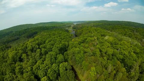 High angle drone shot looking across massive green forest hills in spring Foto stock