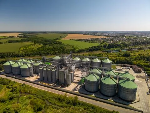 High Angle Drone View of Extensive Agroindustrial Silo Terminal Complex Stock Photos